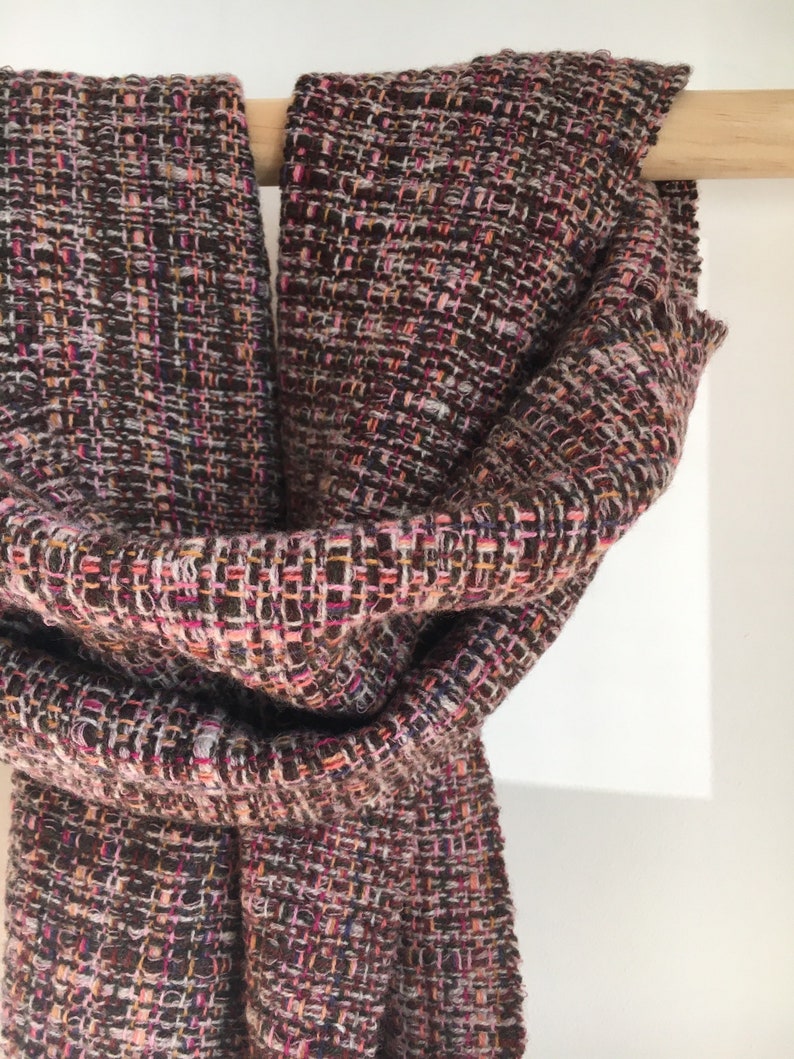 Handwoven luxury lambswool blanket scarf pinks, ochres, soft tangerine, brown and ecru image 5