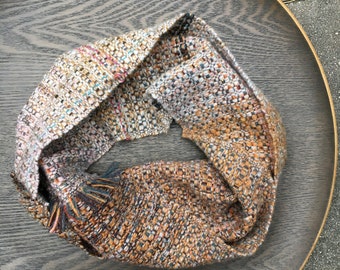 Handwoven luxury lambswool cowl scarf | ecru, ochre, earthy brown and hot pink