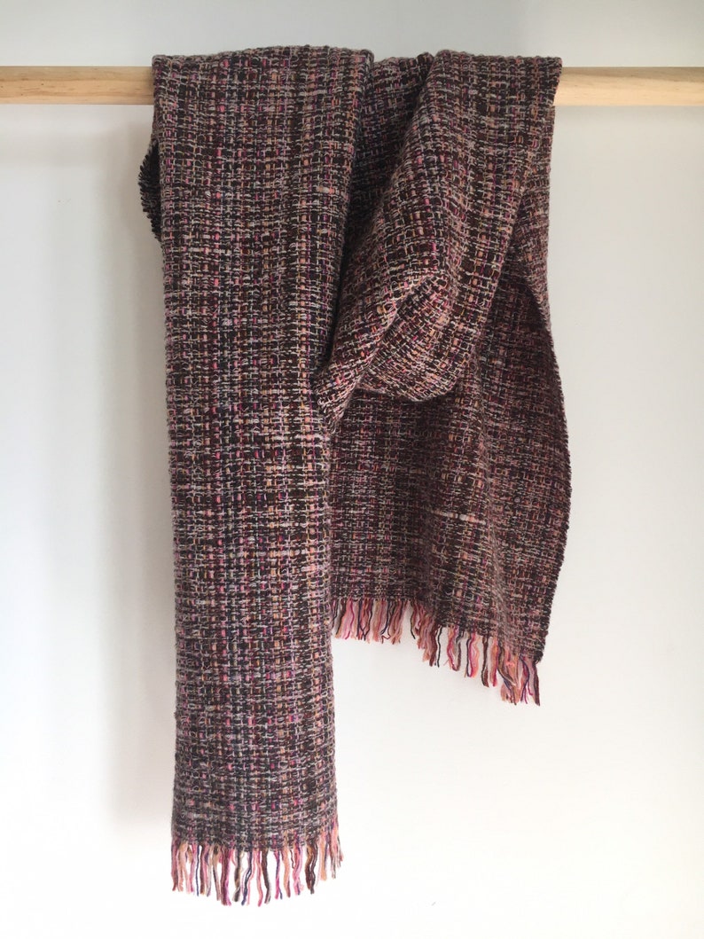 Handwoven luxury lambswool blanket scarf pinks, ochres, soft tangerine, brown and ecru image 2