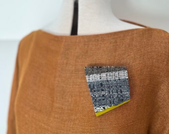 Statement wood and handwoven textile brooch | grey, blue and yellow | woven in linen, horse hair, tape and wool | hand painted balsa wood