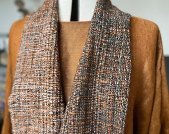 Handwoven small lambswool tippet scarf | brown, rust, soft grey and dark aquamarine