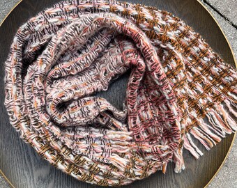 Handwoven luxury lambswool scarf | pink, ochre, ecru