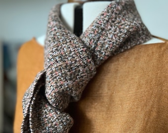 Handwoven small lambswool tippet scarf | soft greys, brown, charcoal and soft pinks