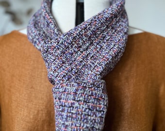 Handwoven small lambswool tippet scarf | soft greys, brown, blue, mauve, rose and charcoal