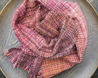 Handwoven luxury lambswool short scarf | pinks, ochres, soft tangerine, browns
