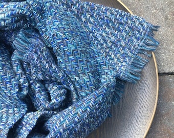 Handwoven luxury lambswool blanket scarf | merino wool and silk | blues, greys and greens