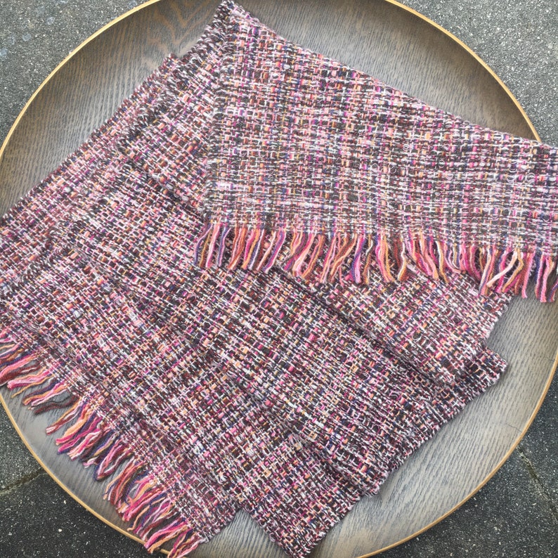 Handwoven luxury lambswool blanket scarf pinks, ochres, soft tangerine, brown and ecru image 3