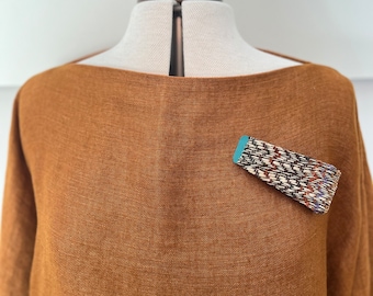 Statement wood and handwoven textile brooch | blues, browns and ecru | woven in linen, wool and silk | hand painted balsa wood