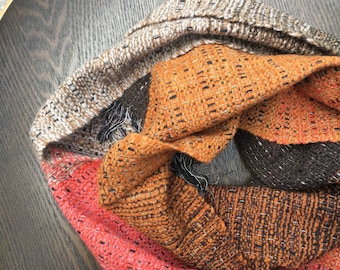 Handwoven luxury lambswool, cotton and linen scarf | black, grey, brown, orange, ochre and oatmeal