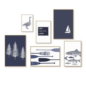 Lake House Wall Art Set of 6, DIGITAL DOWNLOAD, Printable Art, Oar Trout Lake Life Sign Canadian Goose Pine Tree, Lake House Decor 2:3 ratio