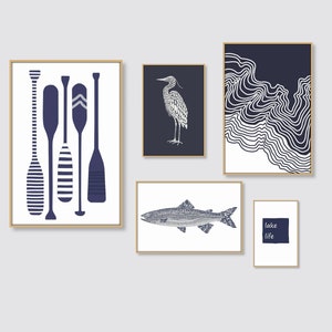 Lake House Decor Set of 5 prints, DIGITAL DOWNLOAD, Oars, Heron, Wave, Trout, Lake House Art, Beach Home Decor, Coastal Printable, 2:3 ratio