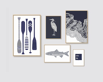 Lake House Decor Set of 5 prints, DIGITAL DOWNLOAD, Oars, Heron, Wave, Trout, Lake House Art, Beach Home Decor, Coastal Printable, 2:3 ratio
