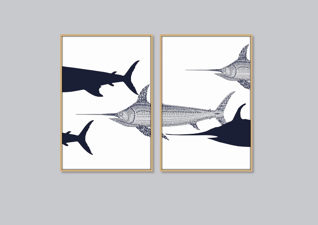 Swordfish Print Set of 2, Swordfish Marlin Art, Beach House Decor, Nautical Art, Fish Poster