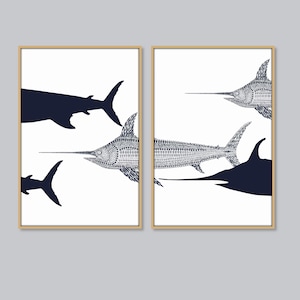 Juego de 2 impresiones de pez espada, arte de pez espada y marlín, decoración de casa de playa, arte náutico, póster de peces, impresión de arte de pesca, impresión de pez vela, descarga digital