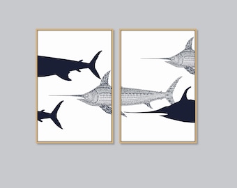 Swordfish Print set of 2, Swordfish Marlin Art, Beach House Decor, Nautical Art, Fish Poster, Coastal Print Fishing Art Print Sailfish Print