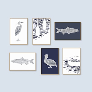 Lake House Printable Wall Art Set of 6 Heron Oar Pelican Canoe Trout Lake House Wall Art Coastal Beach Home Decor 2:3 ratio DIGITAL DOWNLOAD