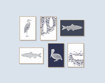 Lake House Printable Wall Art Set of 6 Heron Oar Pelican Canoe Trout Lake House Wall Art Coastal Beach Home Decor 2:3 ratio DIGITAL DOWNLOAD