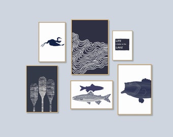 Lake House Wall Art Set of 6 print, Heron, Trout, Bass, Wave, Oar, Life is better at the Lake, Beach Home Decor, Coastal Printable ratio 2:3