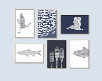 Lake House Wall Art DIGITAL DOWNLOAD Set of 6 Printable Art Oars Heron Pelican Bass Trout Shoal Lake House Decor Coastal Wall Art 2:3 ratio