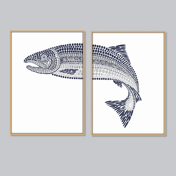 Zalmvis print set van 2, springende zalm kunst aan de muur, afdrukbare vis kunst, Lake House decor, visserij poster, visser cadeau, digitale DOWNLOAD