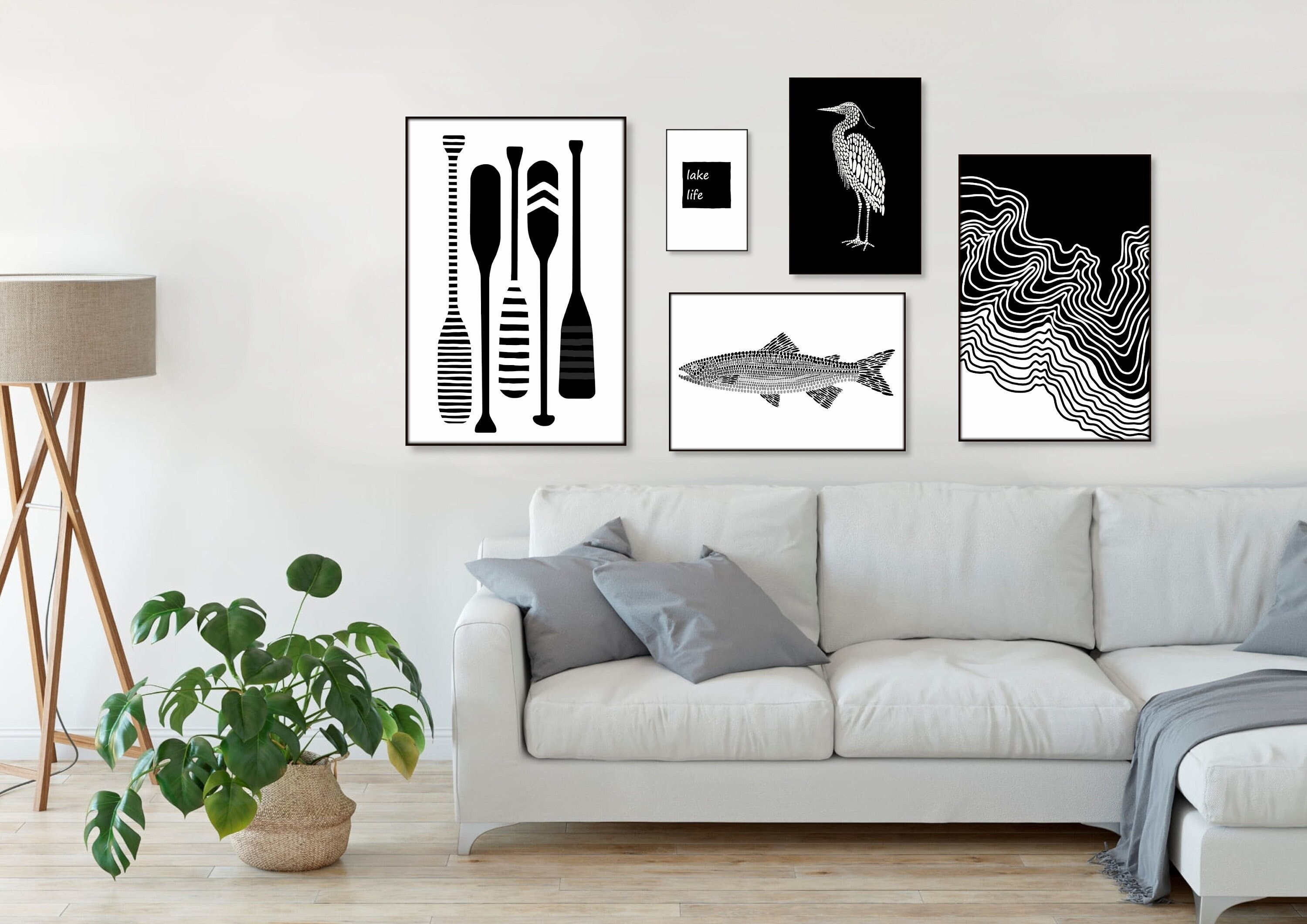 Lake House Wall Art Set of 5 Printable Art Oars Heron Wave Trout Lake Life Sign Lake House Art Beach Home Decor 2:3 ratio DIGITAL DOWNLOAD