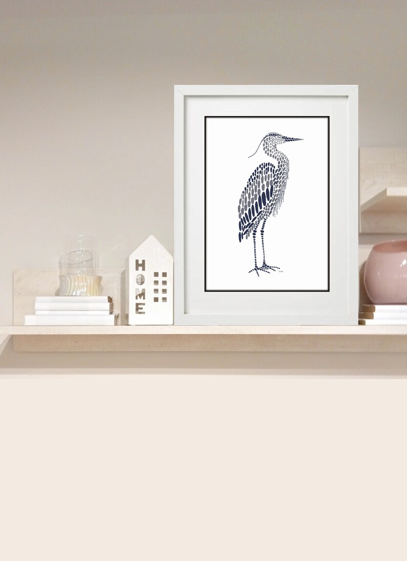 Blue Heron Wall Art, Navy Nautical Art Print, Navy Blue White Water Birds, Modern Beach House Lakehouse Art Coastal Minimalist Printable Art image 3