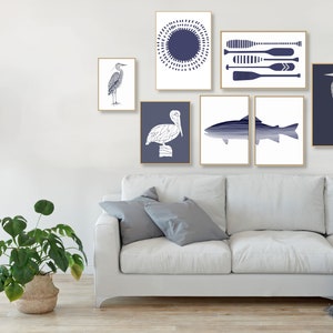 Blue Heron Wall Art, Navy Nautical Art Print, Navy Blue White Water Birds, Modern Beach House Lakehouse Art Coastal Minimalist Printable Art image 7