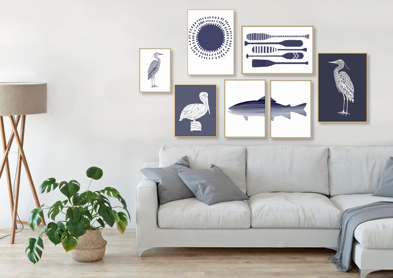 Blue Heron Wall Art, Navy Nautical Art Print, Navy Blue White Water Birds, Modern Beach House Lakehouse Art Coastal Minimalist Printable Art image 7