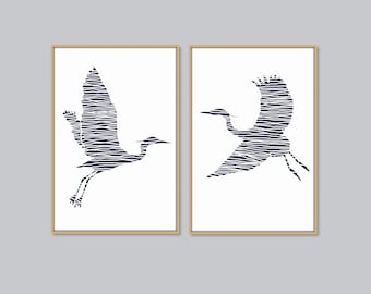 Heron Printable set of 2 Flying Herons Wall Art Lake House Decor Nautical Art Print Water Birds Drawing Coastal Beach Art DIGITAL DOWNLOAD