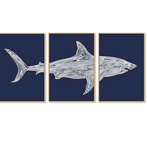 Shark Print Set of 3, DIGITAL DOWNLOAD Shark Simple Line Drawing Wall Art, Shark Printable, Beach House Decor, Coastal Home Art Ocean Poster