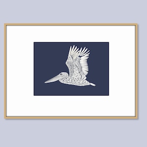 May include: A white pelican with its wings spread, flying against a dark blue background. The pelican is made up of small white shapes, creating a detailed and intricate design.
