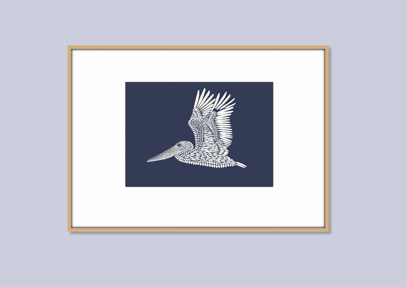 May include: A white pelican with its wings spread, flying against a dark blue background. The pelican is made up of small white shapes, creating a detailed and intricate design.