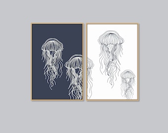 Jellyfish Print Set of 2, Simple Line Art, Jellyfish Poster Modern Beach House Decor Coastal Wall Art Navy Blue White Theme DIGITAL DOWNLOAD