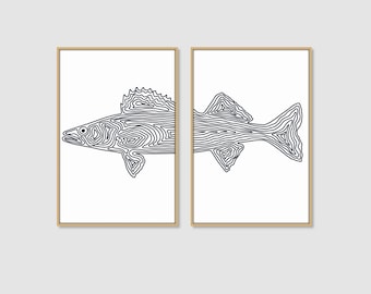 Walleye Fish Print set of 2, Simple Line Drawing Wall Art, Fish Art Printable, Lake House Decor, Fishing Poster Fish Illustration Angler Art