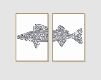 Walleye Fish Printable Set van 2 DIGITALE DOWNLOAD Eenvoudige lijntekening wandkunst Lake House Decor Visserijposter Visillustratie Visserskunst