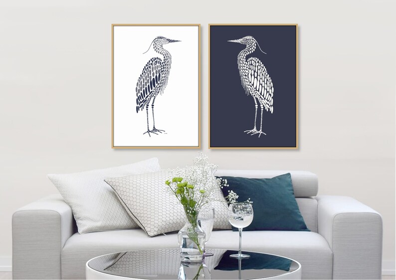 Blue Heron Wall Art, Navy Nautical Art Print, Navy Blue White Water Birds, Modern Beach House Lakehouse Art Coastal Minimalist Printable Art image 5