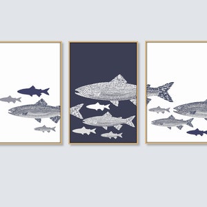 Fisch-Druckvorlage, 3er-Set, Forellen-Wandbild, Fischschwarm-Druck, Strandhaus-Deko, Seehaus-Kunst, Maritim, Fischposter (DIGITALER DOWNLOAD)