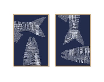 Fish Print set of 2 DIGITAL DOWNLOAD Trout Fish Printable Wall Art Modern Lake House Decor Fishing Poster Coastal Home Art Beach House Art