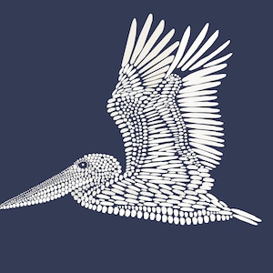 May include: A white pelican in flight, created with a pattern of small white dots. The pelican's wings are spread wide, and its beak is open. The background is a dark blue.