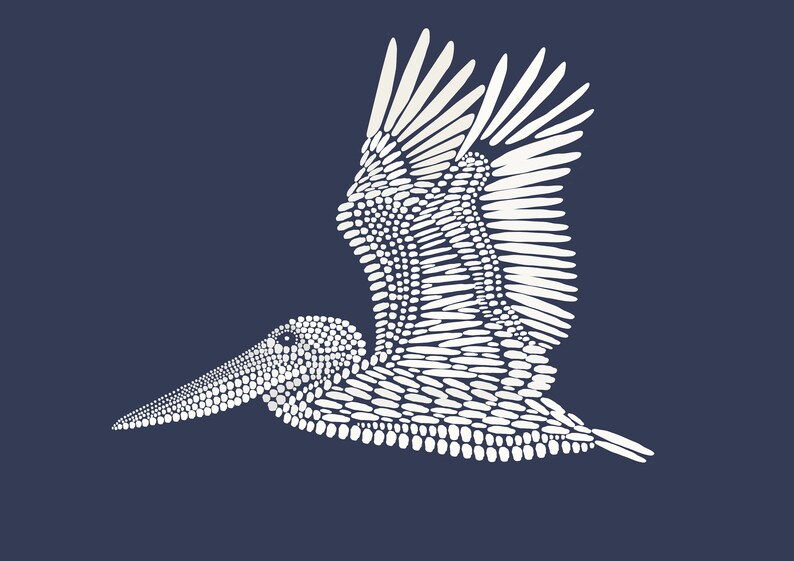 May include: A white pelican in flight, created with a pattern of small white dots. The pelican's wings are spread wide, and its beak is open. The background is a dark blue.