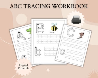 May include: Printable alphabet tracing worksheets for kids.  The worksheets feature uppercase and lowercase letters A, B, and C with dotted lines for tracing.  Each letter is paired with an animal: alligator, bee, and cat.  The text "A is for alligator", "B is for bee", and "C is for cat" is included on each worksheet.