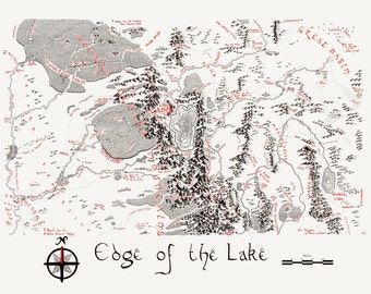 May include: A black and white hand-drawn map of a fictional landscape with red markings. The map is titled "Edge of the Lake" and includes a compass and a scale bar. The map features a large lake, mountains, rivers, and forests.