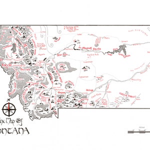 May include: A black and white hand-drawn map of Montana with red text labeling the different towns and cities. The map includes a compass rose and a scale bar in miles.