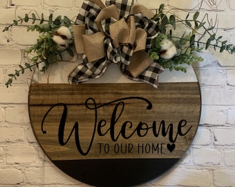 Welcome to our Home, Wood Door Hanger for Farmhouse Aesthetic, Traditional Door Wreath, Rustic Welcome Sign, Long Lasting Outdoor Decor
