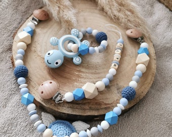 Stroller chain pacifier chain grasping toy individually / set turtle personalized blue as a gift for baptism baby shower or birth