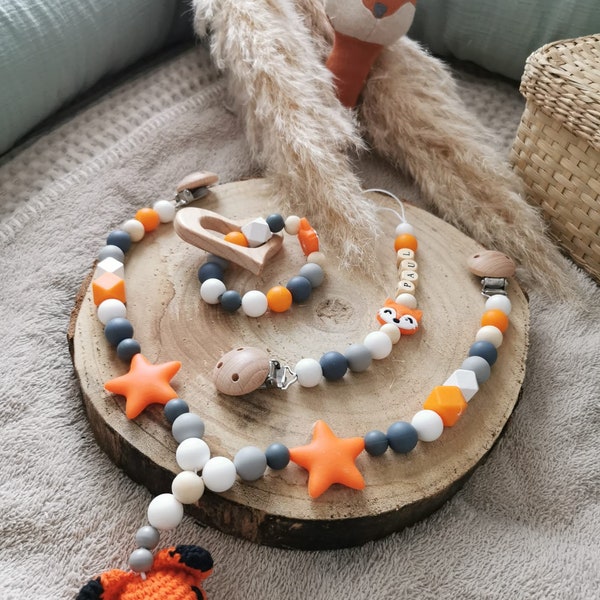 Stroller Chain Pacifier Chain Gripper individually or as a set Fox personalized Orange/Gray as a gift for baptism Baby shower or birth