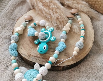 Stroller Chain Pacifier Chain Gripper Single / Set Turtle Personalized Turquoise as a Gift for Christening Baby Shower or Birth