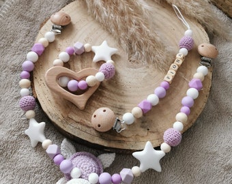 Stroller Chain Pacifier Chain Gripper individually or as a set Turtle personalized Purple as a gift for baptism Baby shower or birth