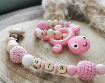 Stroller Chain Pacifier Chain Gripper Single / Set Turtle Personalized Pink as a Gift for Baptism Baby Shower or Birth