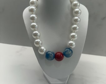 Pearl with red and blue beads/ Bubblegum Beaded  Necklace - Full/string tie /20mm